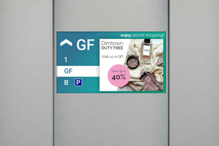 flexyPage Display in elevator with floor-specific advertisement